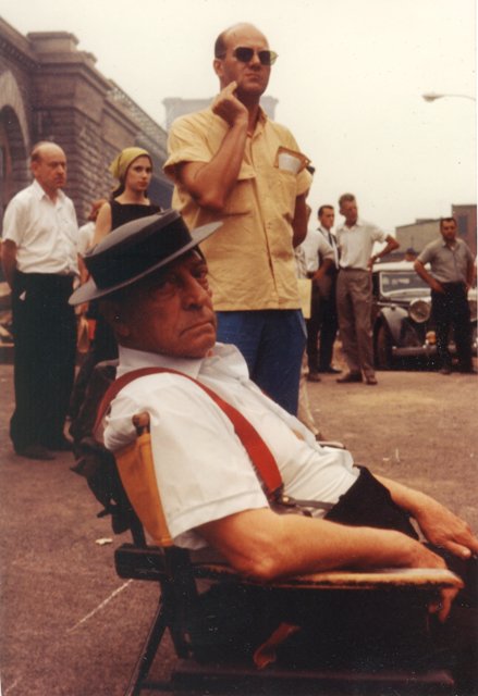 Buster Keaton on the set of 'Film' (Samuel Beckett and Alan Schneider in background).