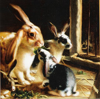 H.H. Couldery, Conejos en la jaula observados por un gato