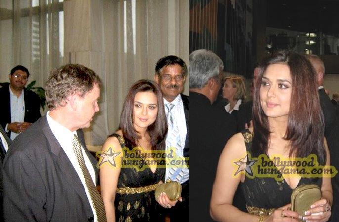 Preity Zinta New Zealand parliament with Indian cricket team Notte by Marchesa black gold gown