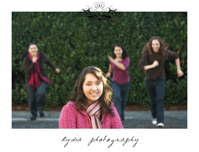 Girls running at lifestyle friends portraits at the Elks Lodge in Grass Valley, California