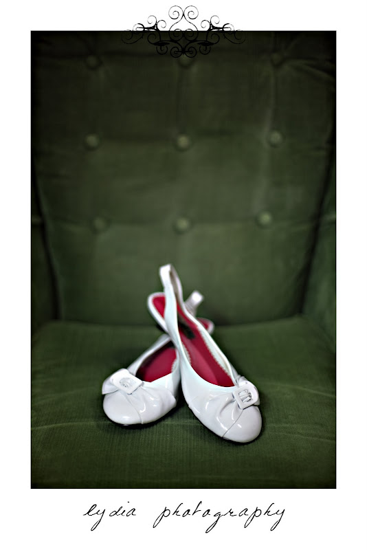 Bride's wedding shoes at snowy, green and orange wedding in Shingletown, California