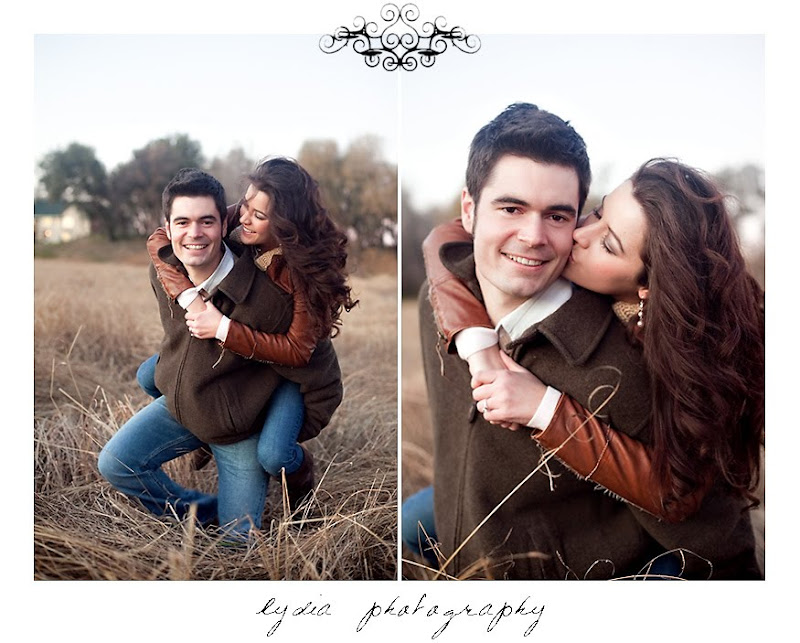 Bride getting a piggyback ride from groom at lifestyle old town engagement portraits in Cottonwood, California