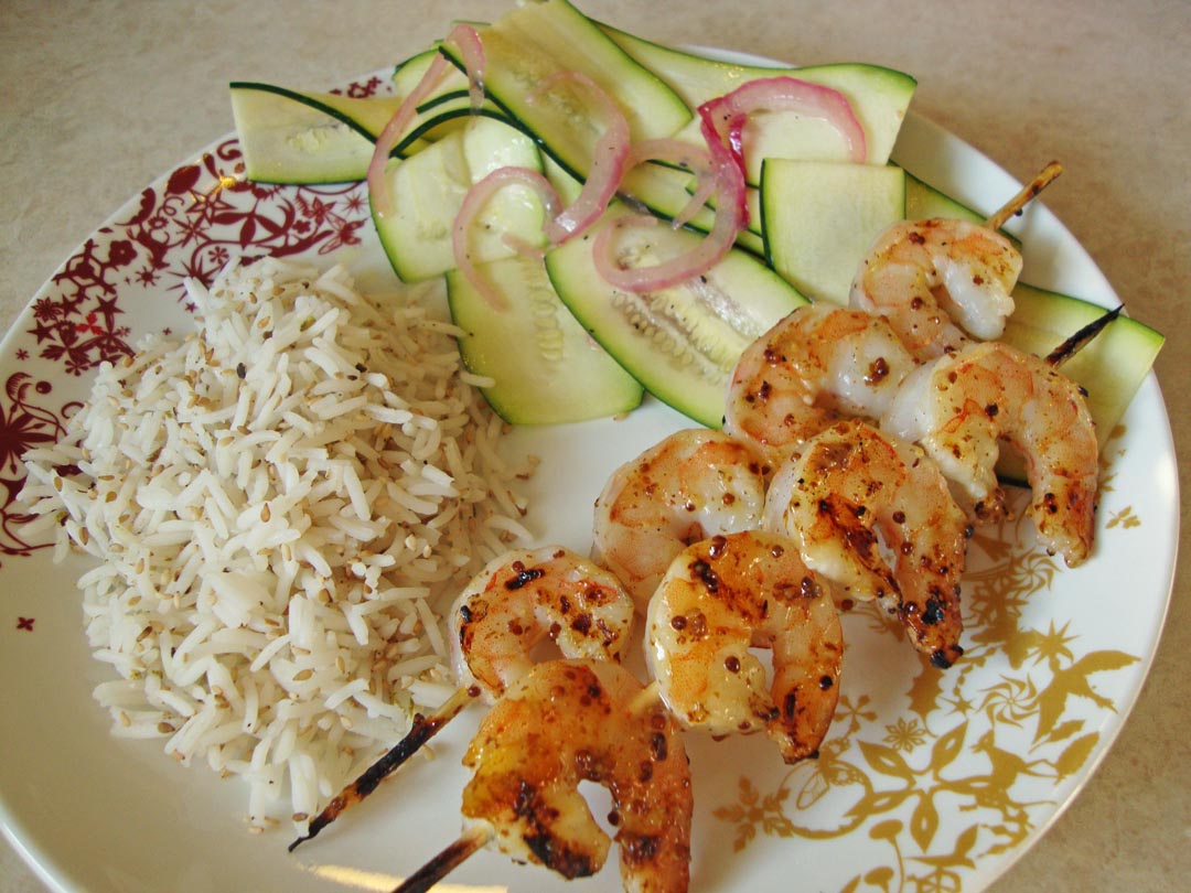 my back pages orangedijon bbq shrimp, zucchini and red onion salad