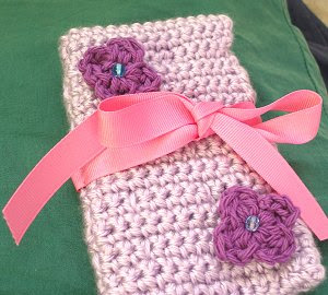 Crocheted Lavender Crochet Hook Case with Purple Flower Embellishments