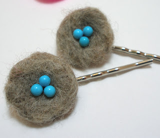 The Nature of Nests Felted Bird's Nest Hairpin with Turquoise Gemstone Eggs