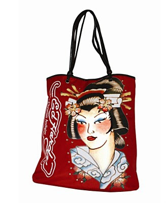 This stylish red tote embellished with an original Ed Hardy Tattoo design.