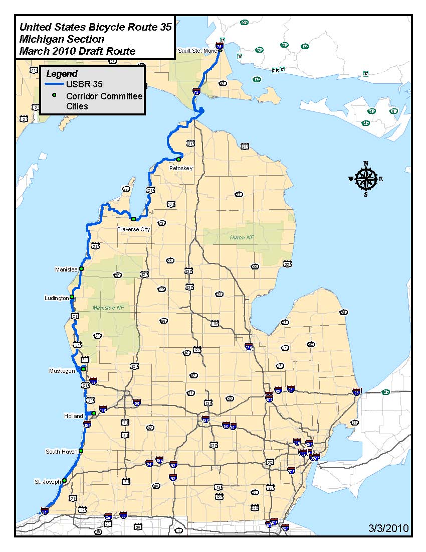 usbr 35 is a north south bicycle corridor that will eventually go from sault ste marie to mississippi in michigan the proposed route will parallel lake usbr 35 is a north south bicycle corridor that will eventually go from sault ste marie to mississippi in michigan the proposed route will parallel lake
