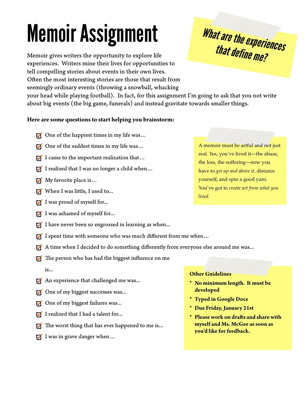 Memoir worksheet pdf image