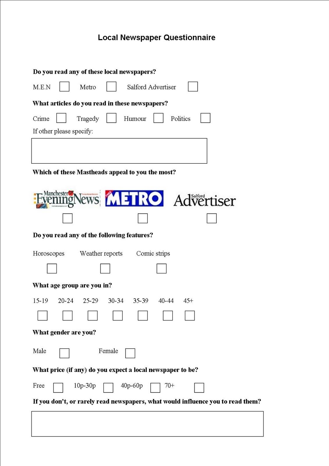A2 Media Project Charlie Fereday Local newspaper questionnaire