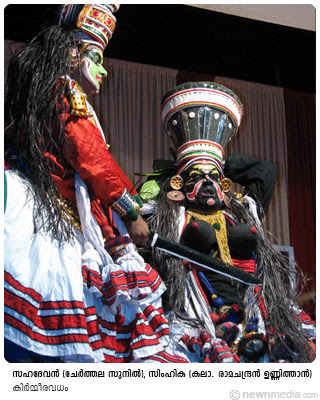 KirmeeraVadham Kathakali: Cherthala Sunil as Sahadevan, Kalamandalam Ramachandran Unnithan as Simhika. KirmeeraVadham Kathakali: Cherthala Sunil as Sahadevan, Kalamandalam Ramachandran Unnithan as Simhika.