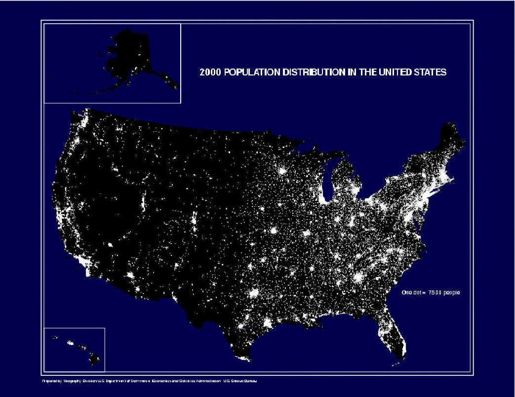in this dot distribution map above each dot represents 7 500 people this 2000 census of the u s population distribution makes it easy in this dot distribution map above each dot represents 7 500 people this 2000 census of the u s population distribution makes it easy