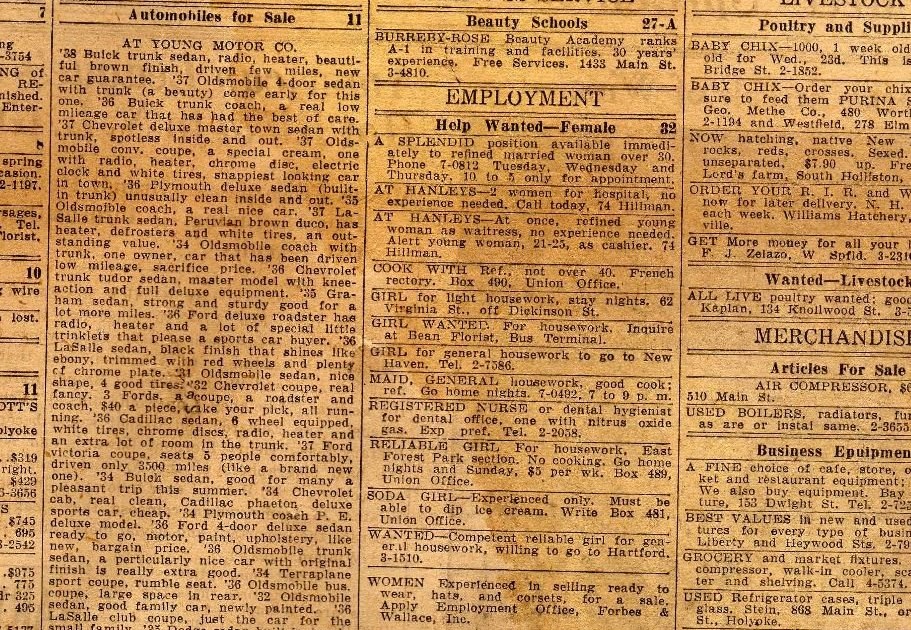 Exploring Western Massachusetts Springfield Daily News Classifieds, 1938