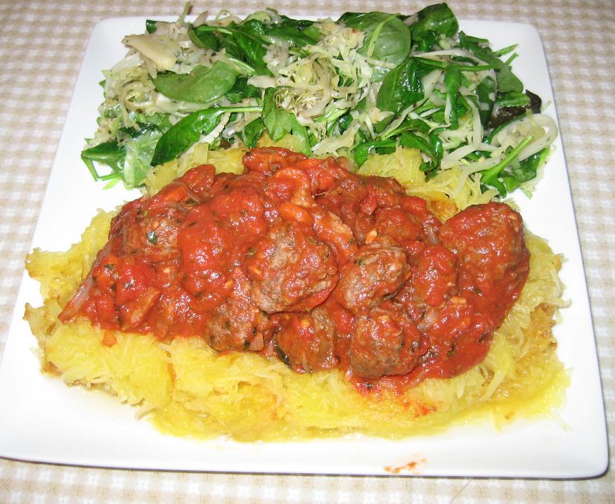 performance cooking Spaghetti and Meatballs with cabbage and spinach
