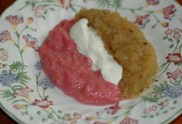 Apple sauce with rhubarb compote and soured cream Apple sauce with rhubarb compote and soured cream
