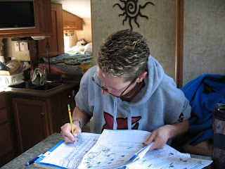 Early sunsets give Linda time to do some grading.