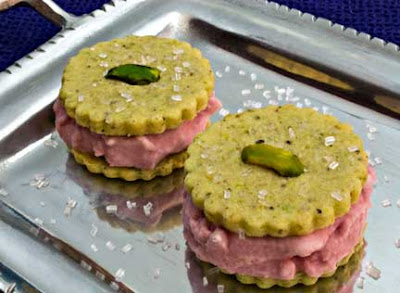 Pomegranate Ice Cream in Pistachio-Cardamom Cookie Sandwiches Pomegranate Ice Cream in Pistachio-Cardamom Cookie Sandwiches