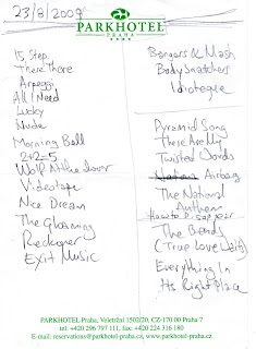 Radiohead setlist όπως την καταγράψαμε αμέσως μετά τη συναυλία, Výstaviště, Πράγα, 23/8/09