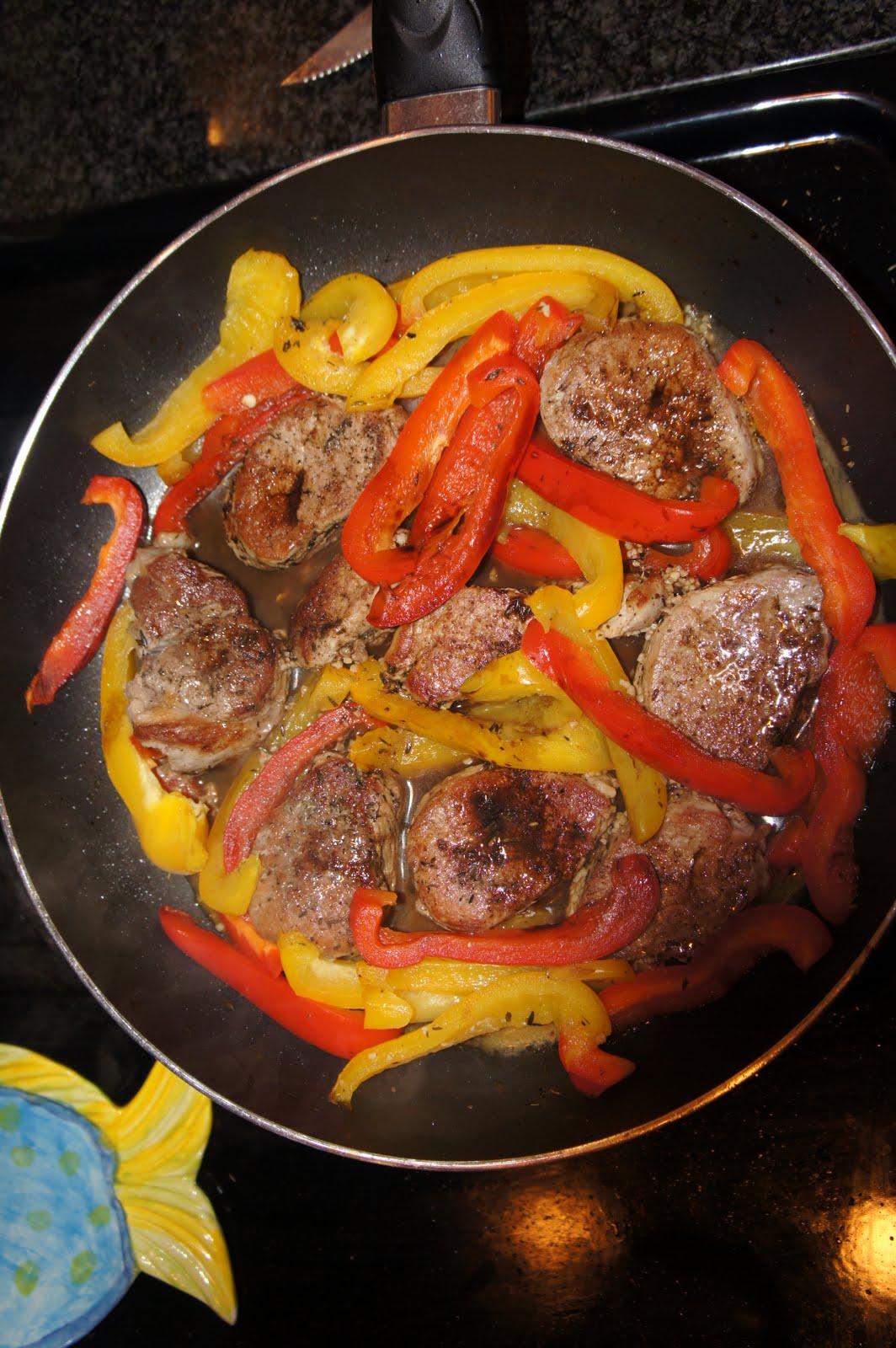 healthy.tasty.easy. Pork Tenderloin Medallions with Red and Yellow Peppers