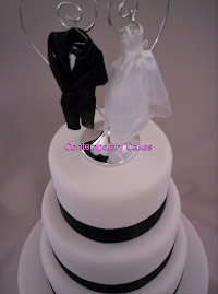 Close up of bridal wear cake topper