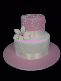 Pink and white sugar lily stacked wedding cake.