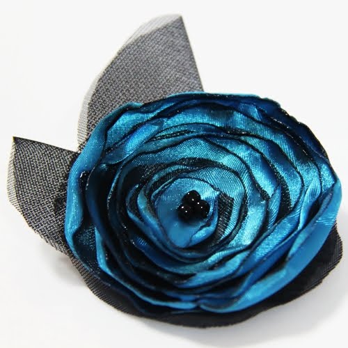 Lady Tempe Brooch and Hair Clip- Electric blue poppy with black tulle and 