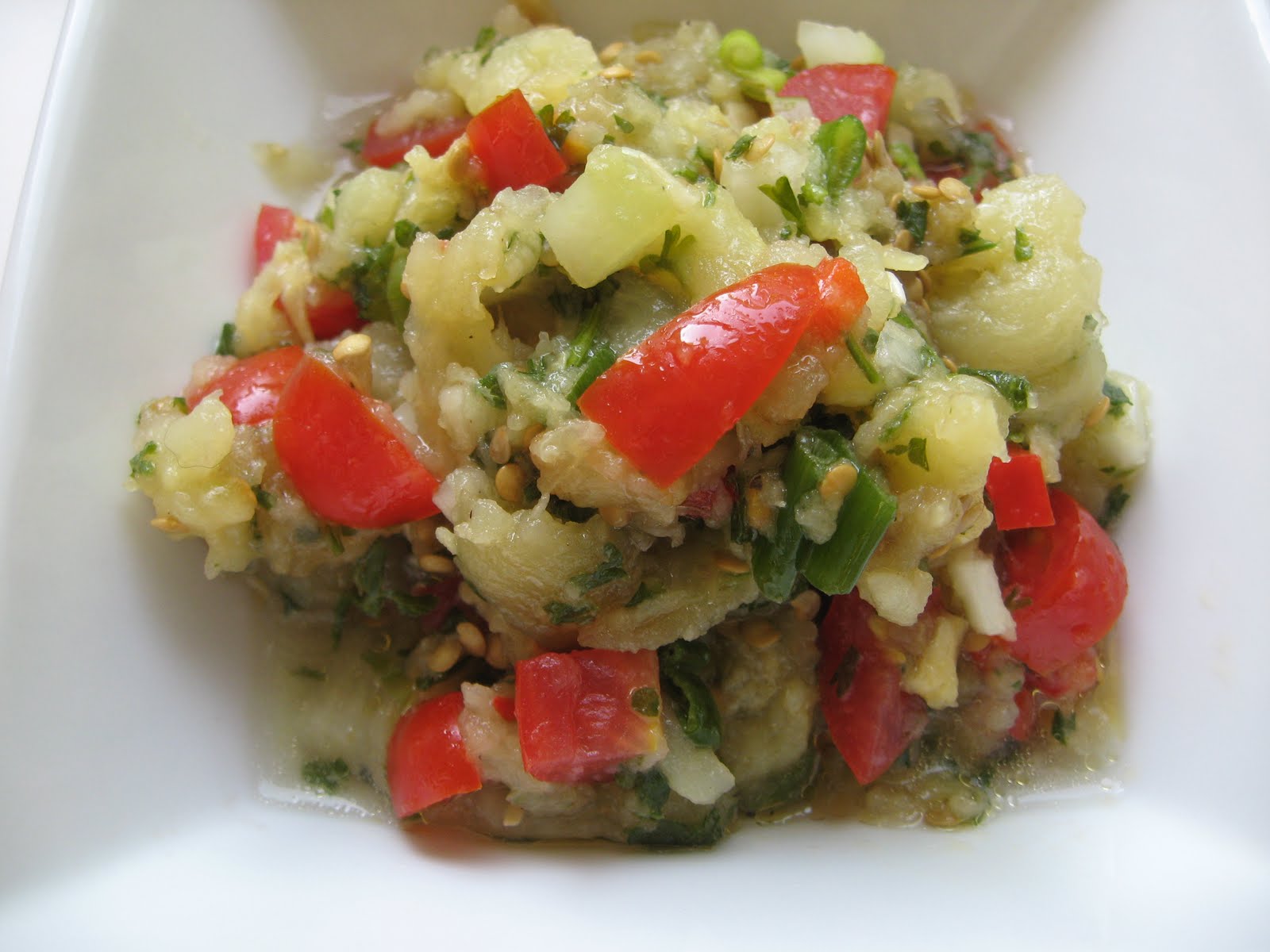 she's in the kitchen roasted eggplant salad with peppers and cucumbers
