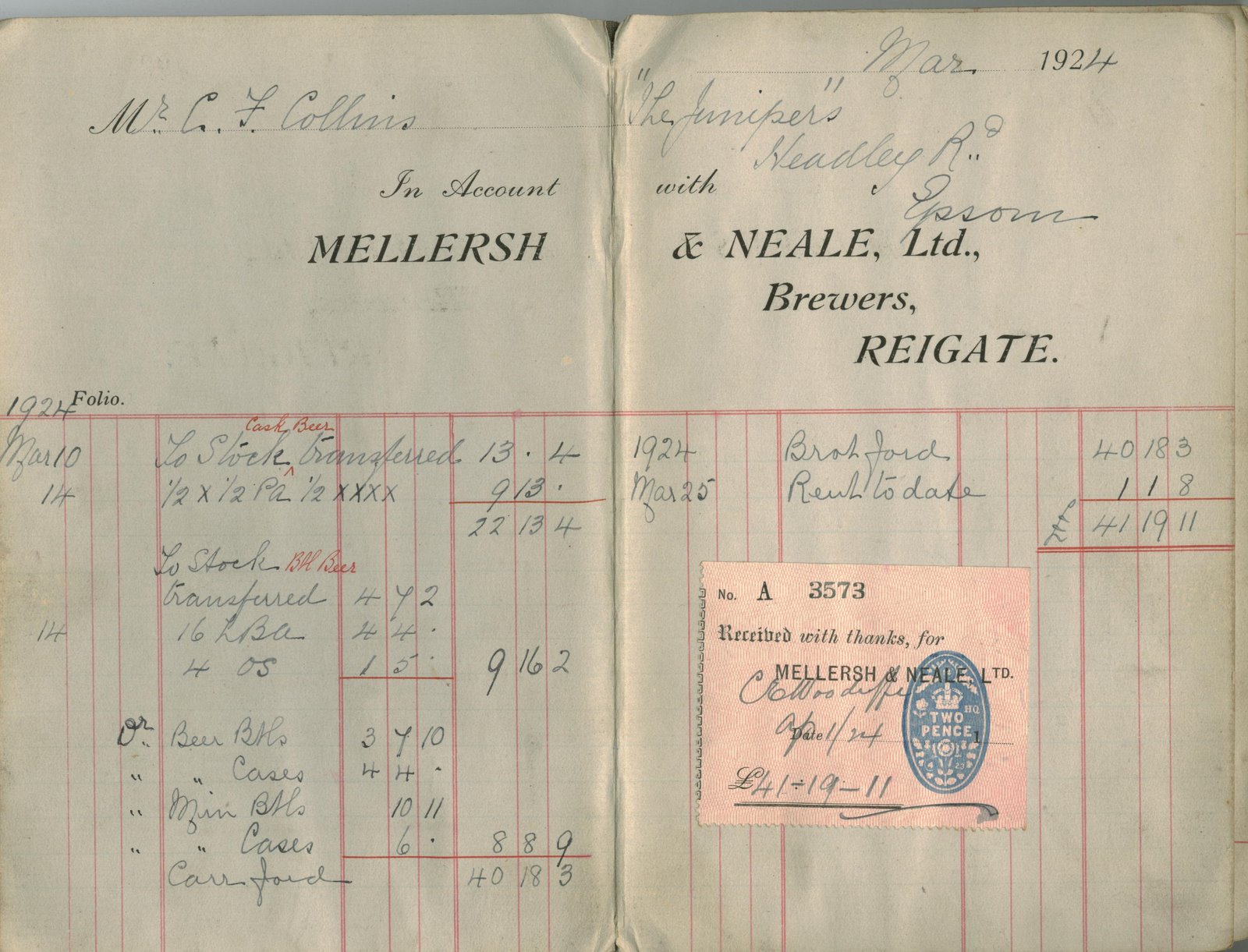 A page from Mellersh & Neale's accounts book 1924