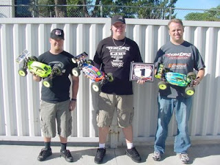 Losi drivers Kevin Gahan, Adam Drake and Todd Hodge with their 8IGHT-E Buggies equipped with Xcelorin Brushless Systems