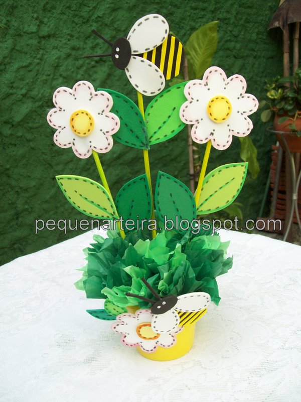Centro De Mesa Infantil Jardim Sucesso Em Sua Festa! Feito Em EVA E Aplicado No Vasinho De Alumínio~ Centro De Mesa Infantil Jardim