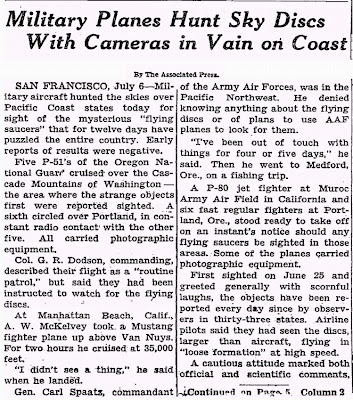 Military Planes Hunt Sky Discs (A) New York Times - 7-6-1947