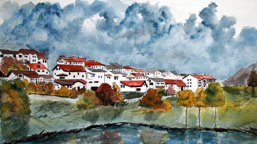 watercolor painting landscape. Watercolor painting mixed