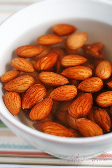 Recipe for not tuna salad- a vegan salad starts with soaked almonds- here is what the almonds look like soaking 