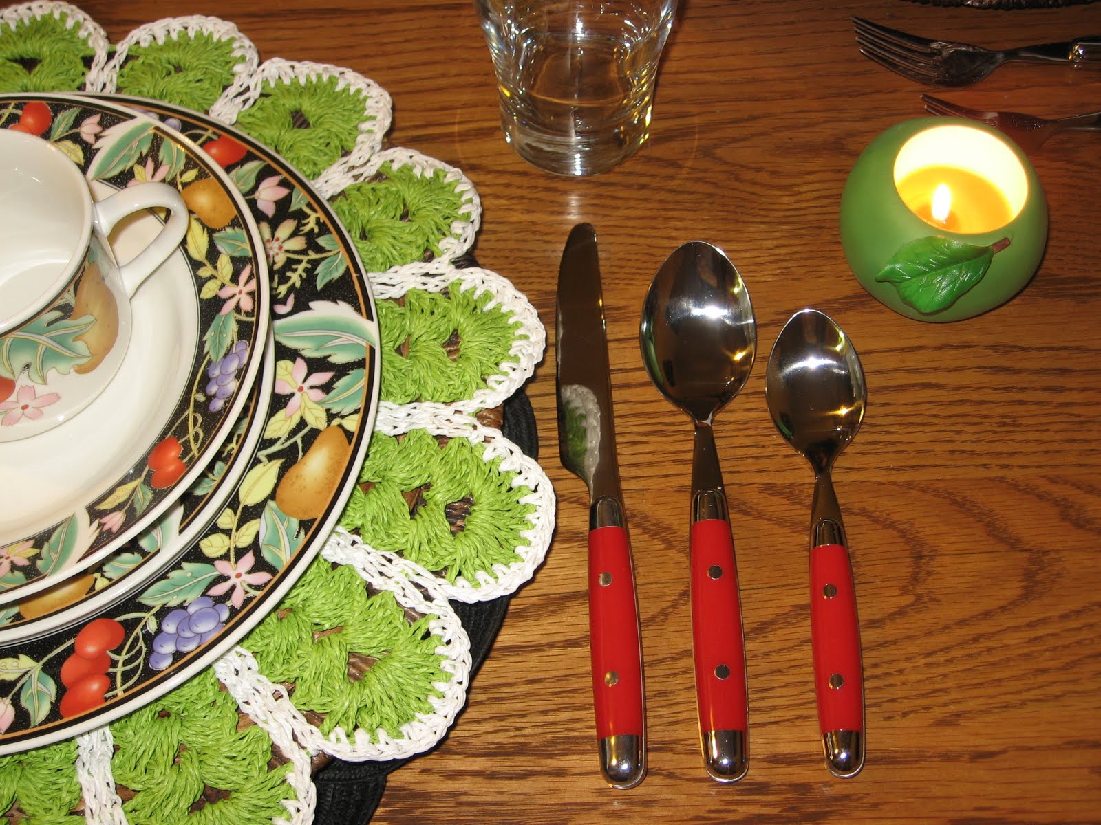 Used kitchen cabinets ma of the bamboo flatware, I used red flatware ~ extra pop of color