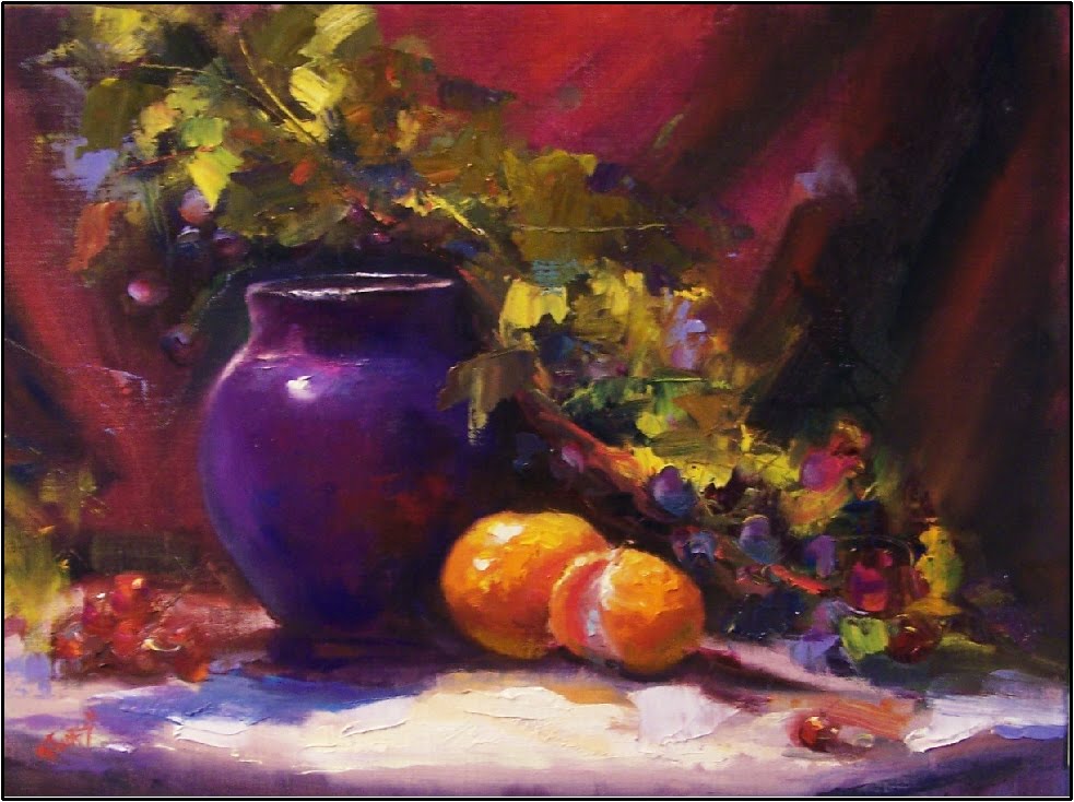 Paint Dance Purple Meets Orange". 16x12, oil on linen, orange, tangerine, purple vase