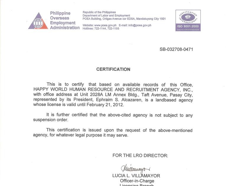 Happy World Human Resource and Recruitment Agency Our Certificate of