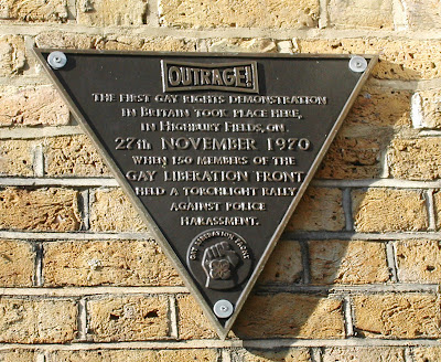 Plaque reading: The first gay rights demonstration took place here, ... Plaque reading: The first gay rights demonstration took place here, ...