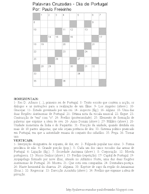 Palavras Cruzadas para imprimir: Dia de Portugal