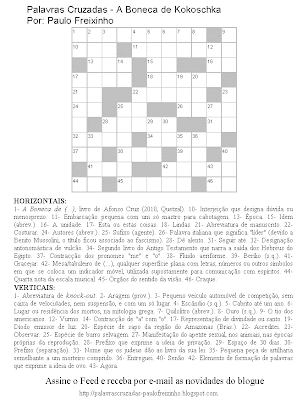 Palavras Cruzadas dom vocabulário do livro A Boneca de Kokoschka, de Afonso Cruz Passatempo para imprimir - Paulo Freixinho