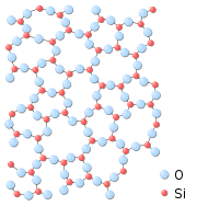 The amorphous structure of glassy Silica (SiO2). No long range order is present, however there is local ordering with respect to the tetrahedral arrangement of Oxygen (O) atoms around the Silicon (Si) atoms.