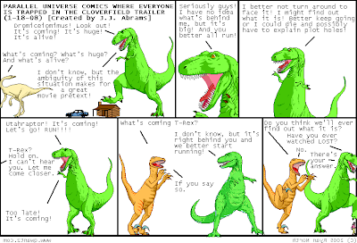 Plot twist! T-Rex really is the monster that everyone is running from but he doesn't know it!