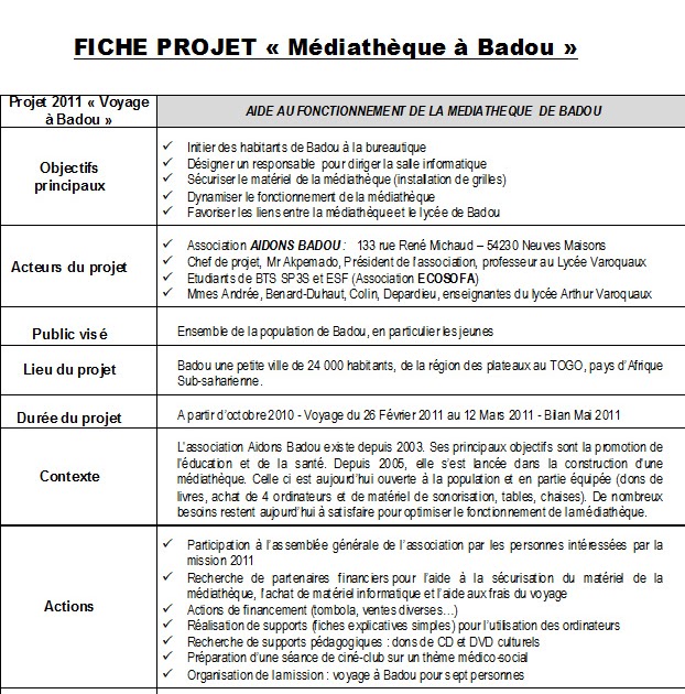 Médiathèque à Badou  Mission 2011 Fiche projet réalisée par les
