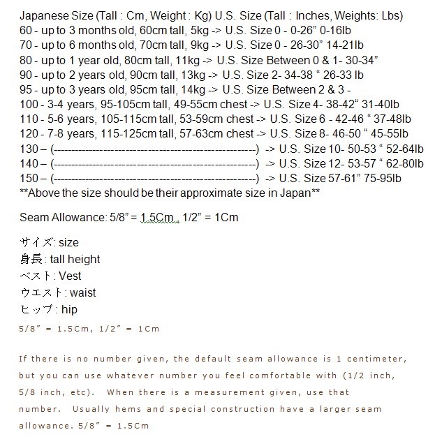 PinkNelie JAPANESE U.S. CHILDREN SIZE CHART