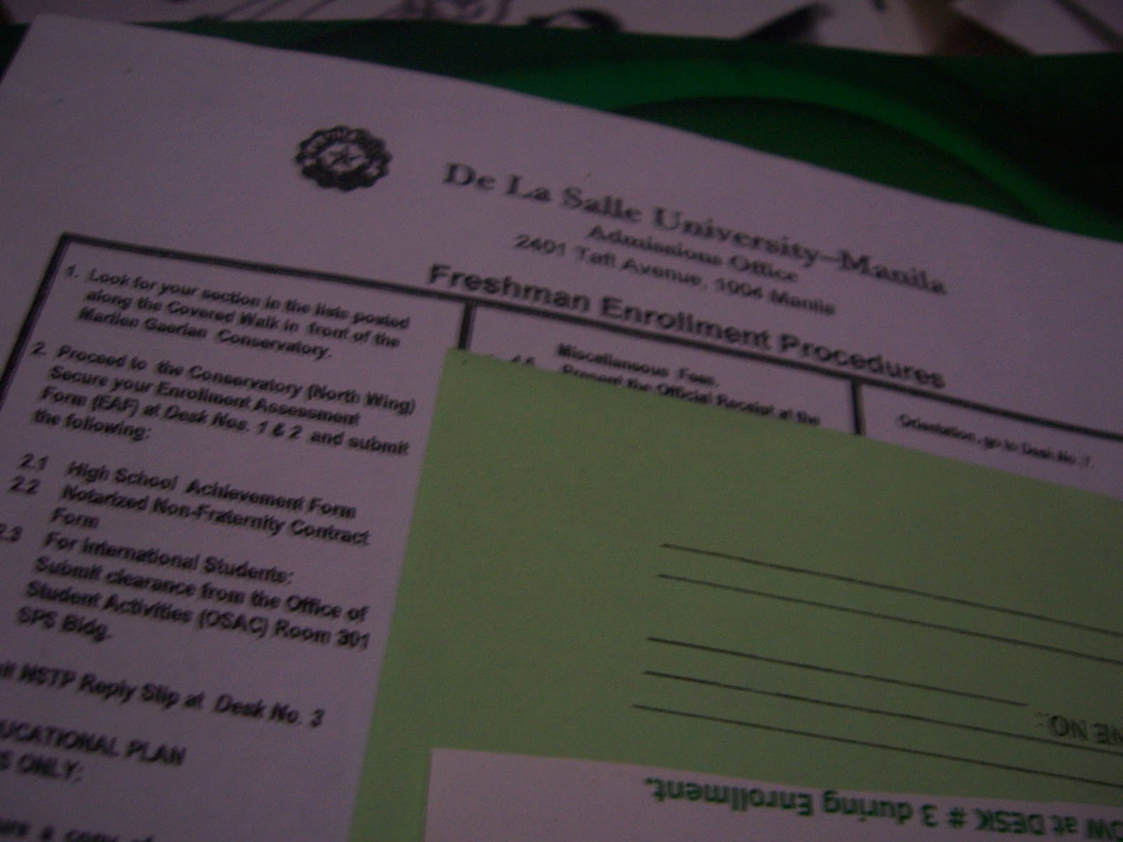 The rest of my DLSU enrollment pack, including a step-by-step guide to enrollment. This went to the trash.