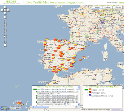 Mapa de España (Península y Canarias) sobre el que se señaliza, con banderitas españolas, el origen regional de los visitantes del Blog. Sistema de registro ofrecido por FeedJit sobre tecnología de Google Maps.