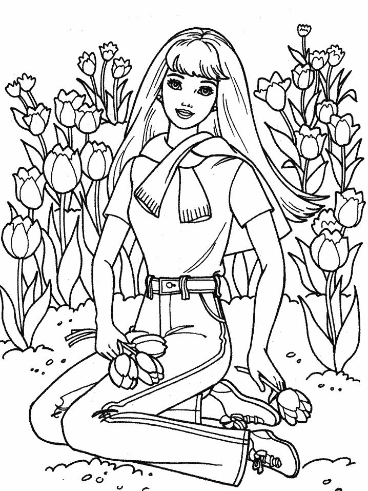 digital dunes: Barbie in flower garden Coloring Pages