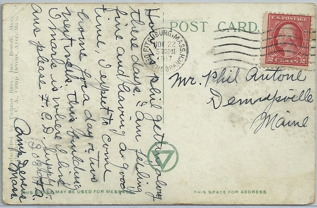 Heirlooms Reunited 1917 postcard showing Fort Devens, Massachusetts