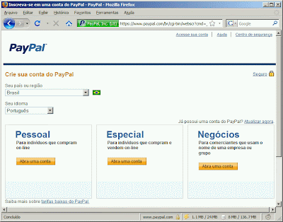 criando uma conta paypal
