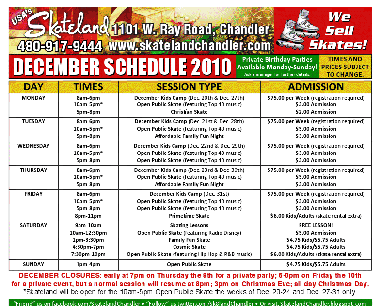 Skateland Chandler Skateland's December Skating Calendar