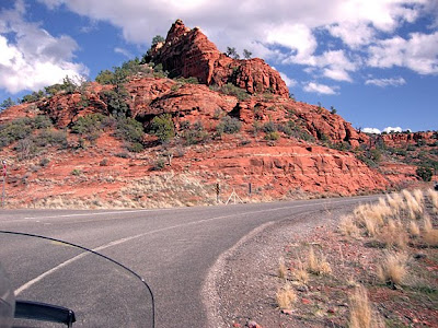 red rocks as seen from the motorcycle