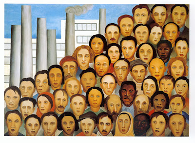 Operários - Tarsila do Amaral foto de várias cabeças de operários com uma fábrica ao fundo